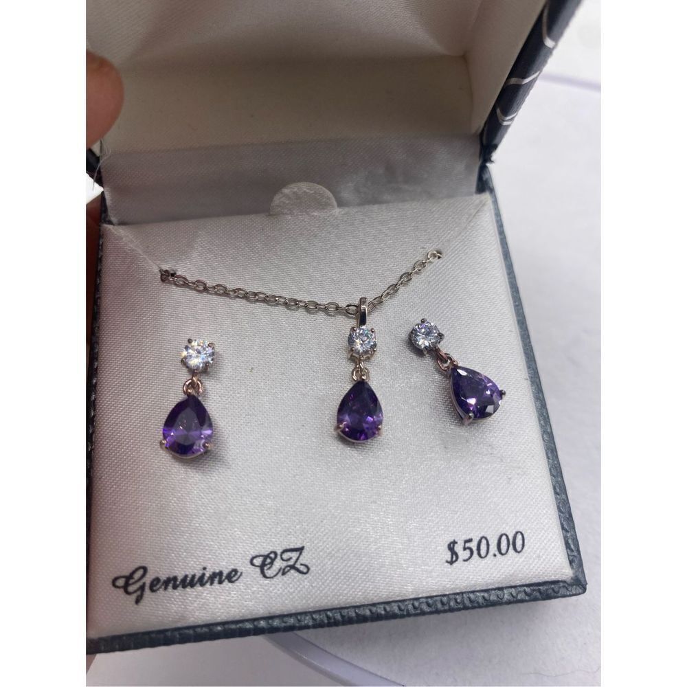 CITY ROX Cubic Zirconia & purple stone Teardrop Pendant Necklace & Earring set